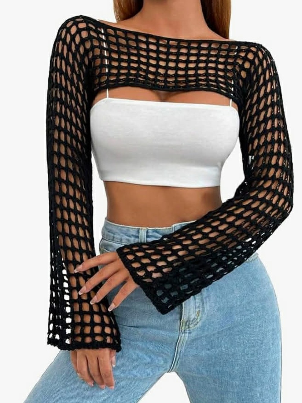 Open-Knit Cropped Shrug - Women Tops